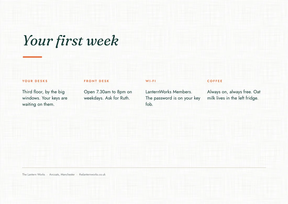 Inside, above the letter: “Your first week”, with where the desks are, the front desk’s hours, the Wi-Fi and the coffee.